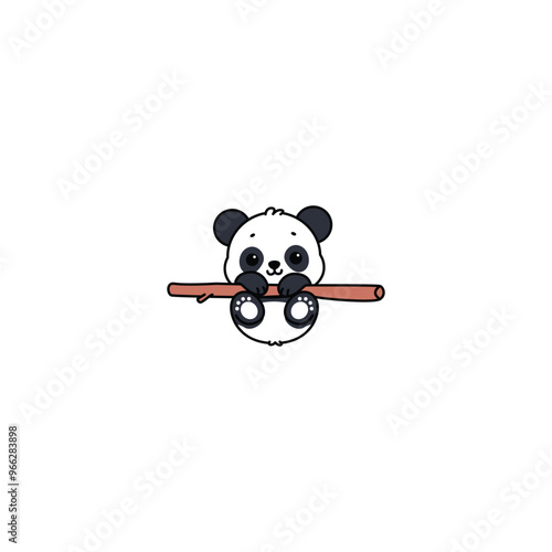 Cute panda hanging on a branch cartoon, vector illustration