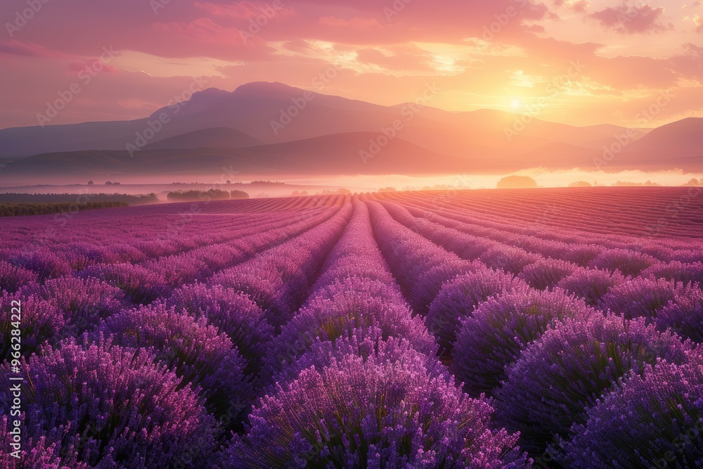Vibrant lavender fields stretching towards a beautiful sunrise, set against a backdrop of rolling hills and a stunning sky. Vibrant lavender fields stretching towards a beautiful sunrise, set against a backdrop of rolling hills and a stunning sky.