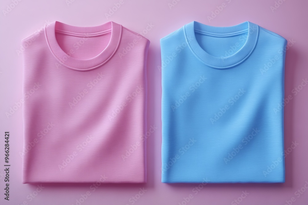 pink and blue t-shirts neatly folded on pink background. Fashion concept pink and blue t-shirts neatly folded on pink background. Fashion concept