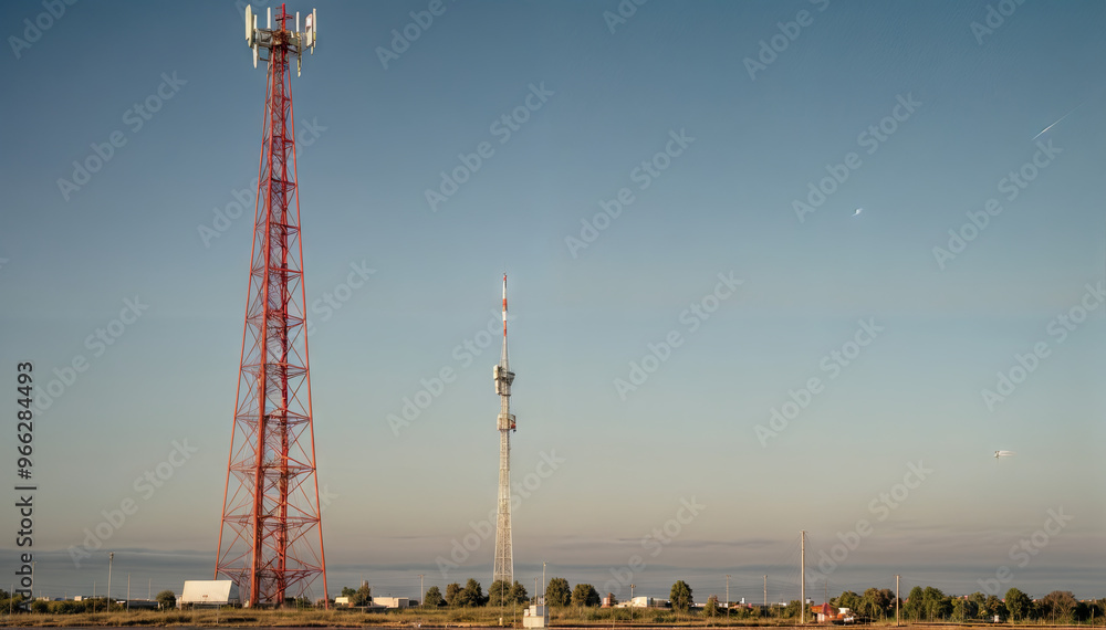 Two cell towers rise prominently in a rural area, surrounded by open fields and distant trees, under a clear sky as the sun begins to set, highlighting the importance of communication infrastructure Two cell towers rise prominently in a rural area, surrounded by open fields and distant trees, under a clear sky as the sun begins to set, highlighting the importance of communication infrastructure