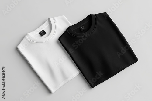 black and white t-shirts neatly folded on grey background.  photo