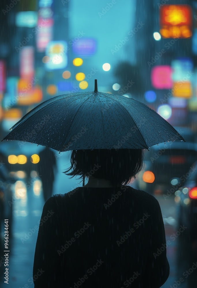 Obraz premium a woman walking on rainy night under an umbrella in a city street