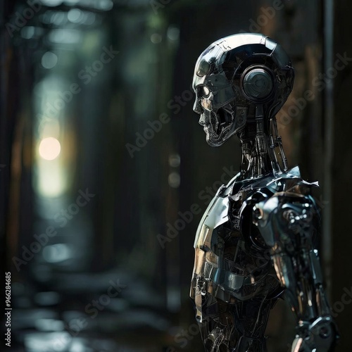 A sleek, metallic robot with human-like features stands in a dark, industrial corridor. The cold, reflective surfaces of the robot contrast with the dim, moody background, evoking a sense of isolation