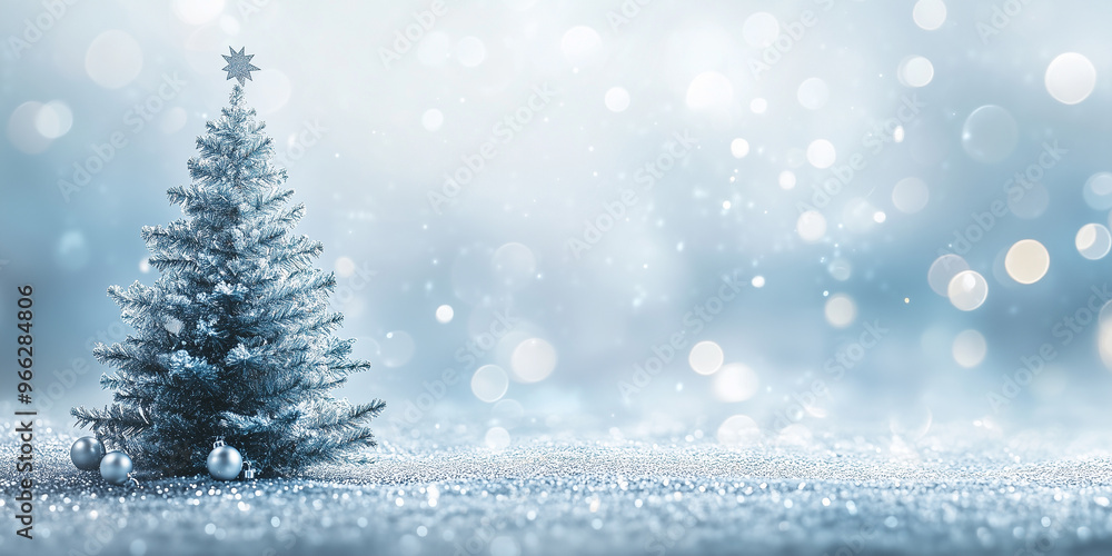 A small Christmas tree stands on a snow-covered surface against a soft, glowing bokeh snowy background. Generative AI. A small Christmas tree stands on a snow-covered surface against a soft, glowing bokeh snowy background. Generative AI.