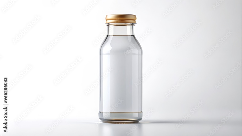 .TRANSPARENT GLASS BOTTLE ON WHITE BACKGROUND WITH EASY-TO-EDIT LABEL AND CAP MOCKUP, PERFECT FOR PRODUCT DESIGN, .TRANSPARENT GLASS BOTTLE ON WHITE BACKGROUND WITH EASY-TO-EDIT LABEL AND CAP MOCKUP, PERFECT FOR PRODUCT DESIGN,