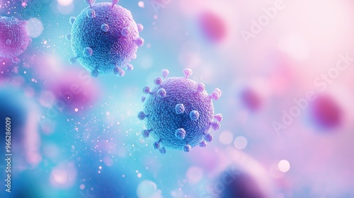 Close up of the blue and purple microscopic spheres of the virus. The background is light blue with blurry light pink particles. This image is the concept banner of the website, featuring a micro viru