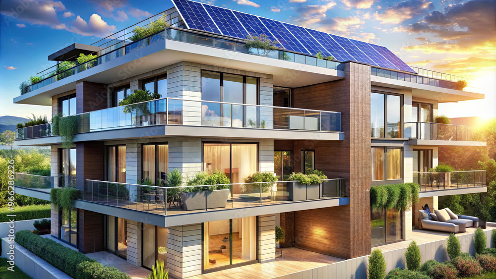 A contemporary residential building featuring solar panels on the roof, surrounded by vibrant greenery. The warm sunset casts a beautiful glow on the architecture A contemporary residential building featuring solar panels on the roof, surrounded by vibrant greenery. The warm sunset casts a beautiful glow on the architecture