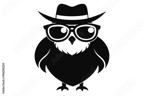 A cool vintage style owl with sun glasses and hat, silhouette black color on the white background, vector art illustration