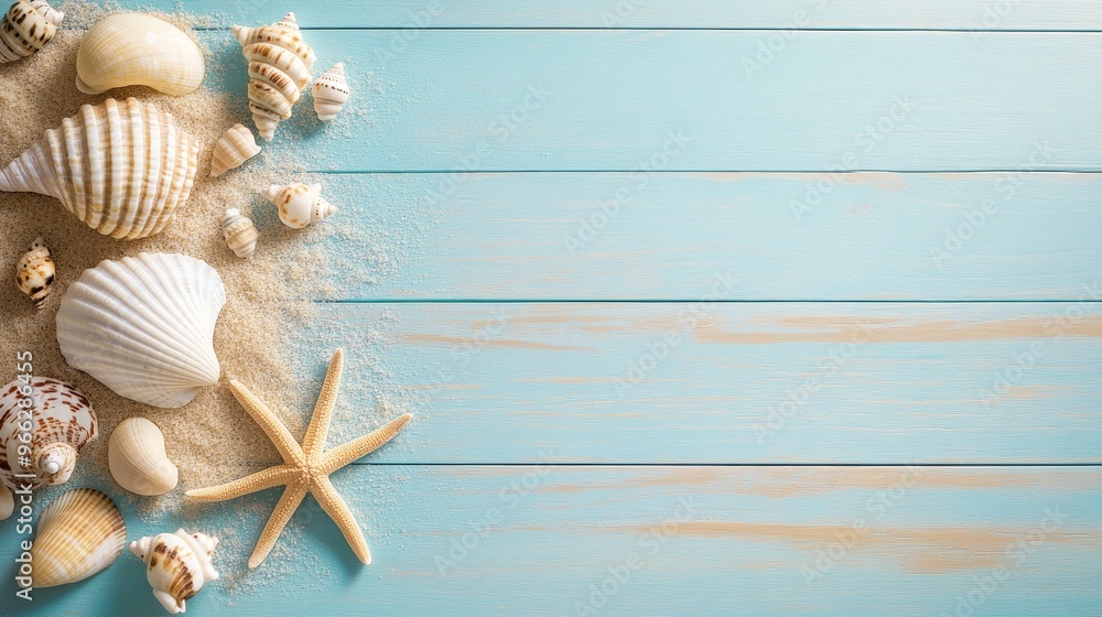 A serene seashell arrangement on a blue wooden plank with sand creating a summery background for your design projects. It symbolizes the ocean, relaxation, vacation, and natural beauty. A serene seashell arrangement on a blue wooden plank with sand creating a summery background for your design projects. It symbolizes the ocean, relaxation, vacation, and natural beauty.