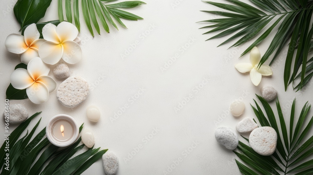 A serene spa composition featuring white flowers, smooth stones, and lush palm leaves arranged on a light background, symbolizing tranquility, rejuvenation, and natural beauty. A serene spa composition featuring white flowers, smooth stones, and lush palm leaves arranged on a light background, symbolizing tranquility, rejuvenation, and natural beauty.