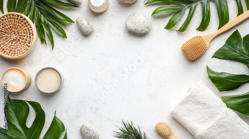 A serene spa composition featuring natural elements like leaves, stones, candles, a wooden brush, and a soft towel, all arranged on a light background. It embodies tranquility, wellness