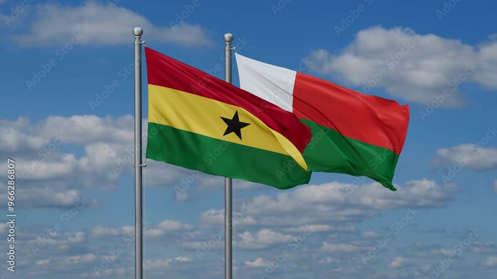 Madagascar and Ghana flags flying together, video concept of the relationship, two country relations concept Madagascar and Ghana flags flying together, video concept of the relationship, two country relations concept