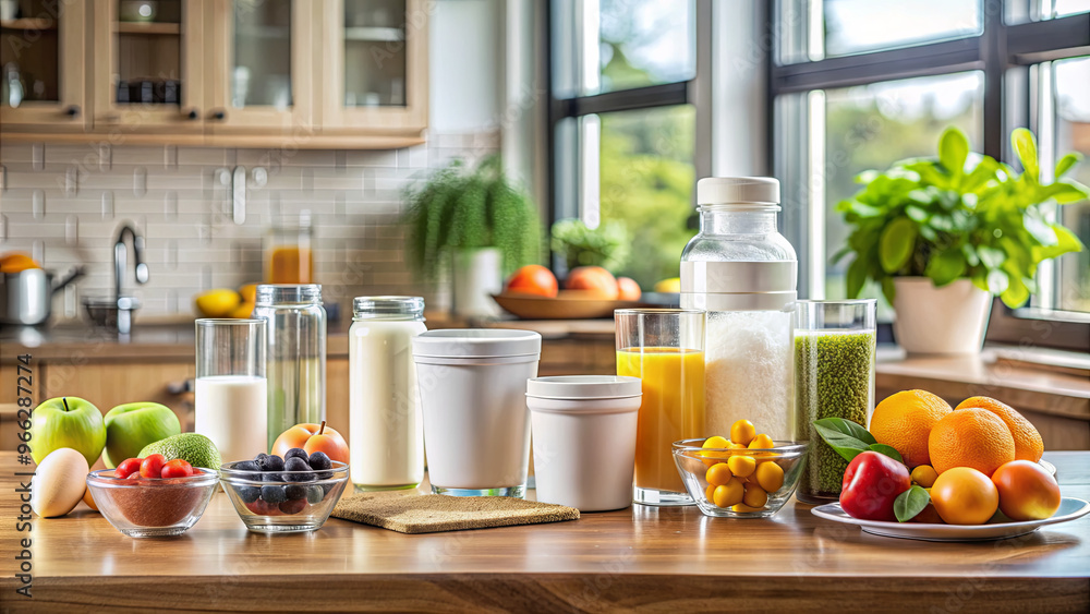 A variety of fresh fruits, vegetables, and healthy beverages are tastefully arranged on a kitchen countertop, illuminated by natural sunlight from large windows A variety of fresh fruits, vegetables, and healthy beverages are tastefully arranged on a kitchen countertop, illuminated by natural sunlight from large windows