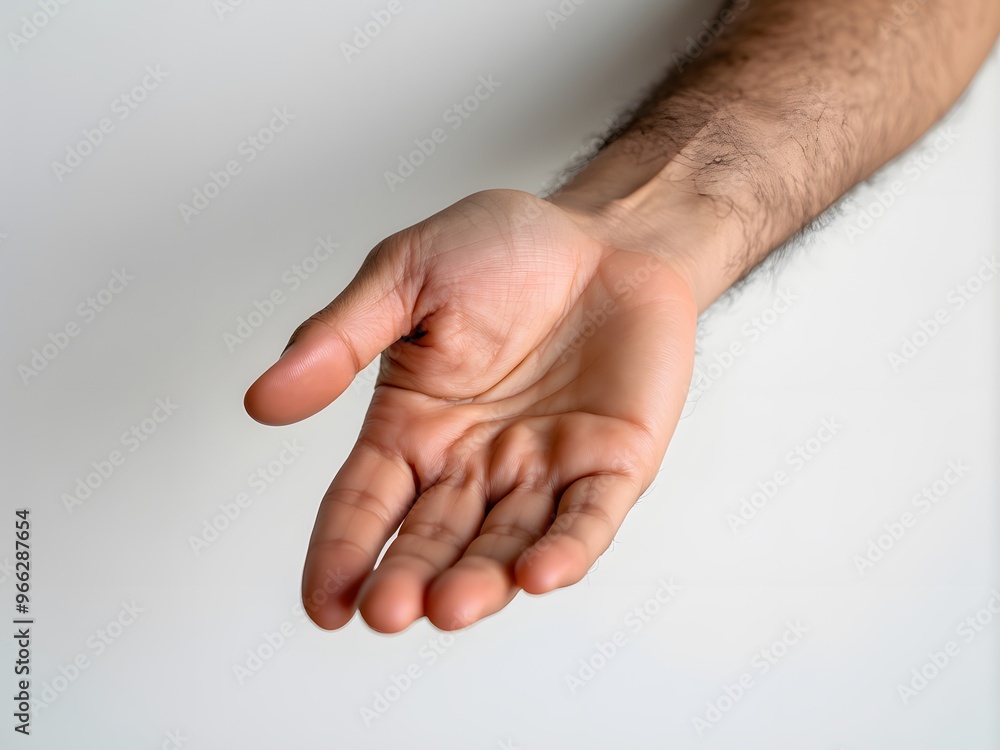 Mans hand holding open palm up on white background Mans hand holding open palm up on white background
