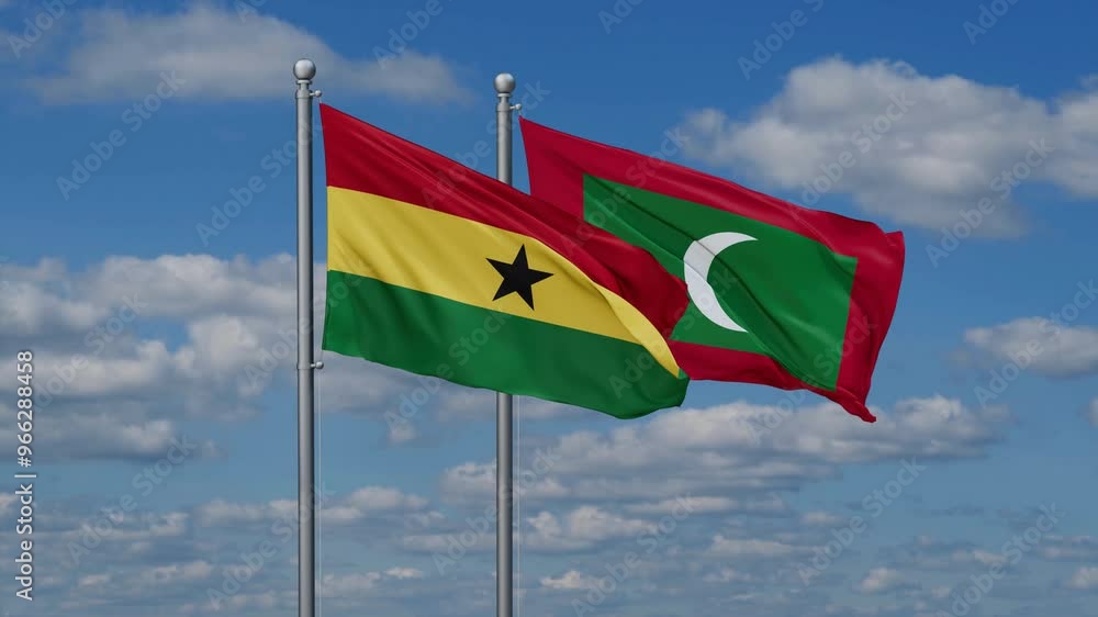 Maldives and Ghana flags flying together, video concept of the relationship, two country relations concept Maldives and Ghana flags flying together, video concept of the relationship, two country relations concept