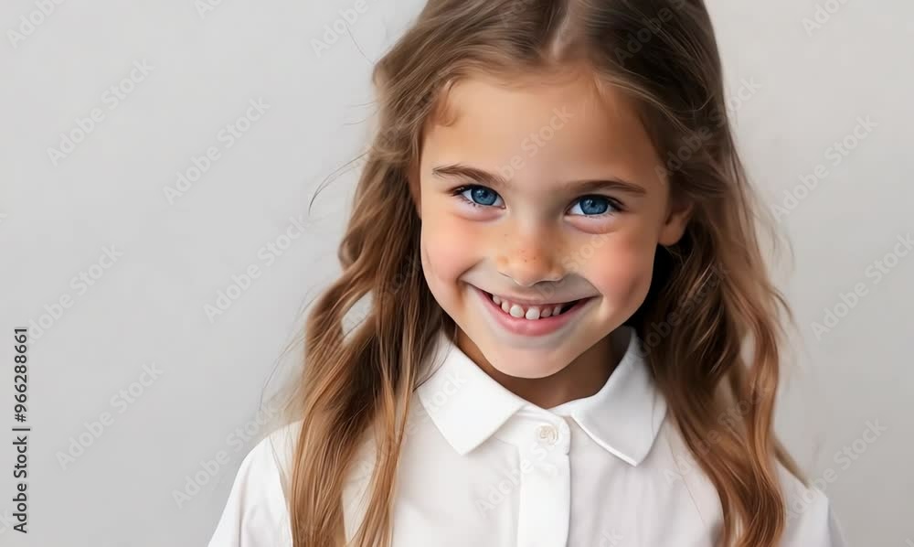 portrait of smiling little girl in white blouse on grey background portrait of smiling little girl in white blouse on grey background