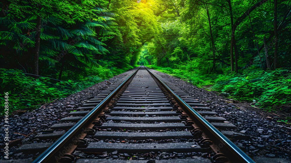 Fototapeta premium Railroad Tracks Winding Through Green Forest