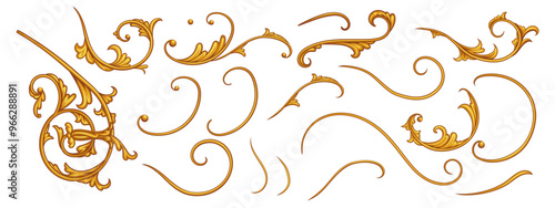 Set of golden decorative elements in Baroque style