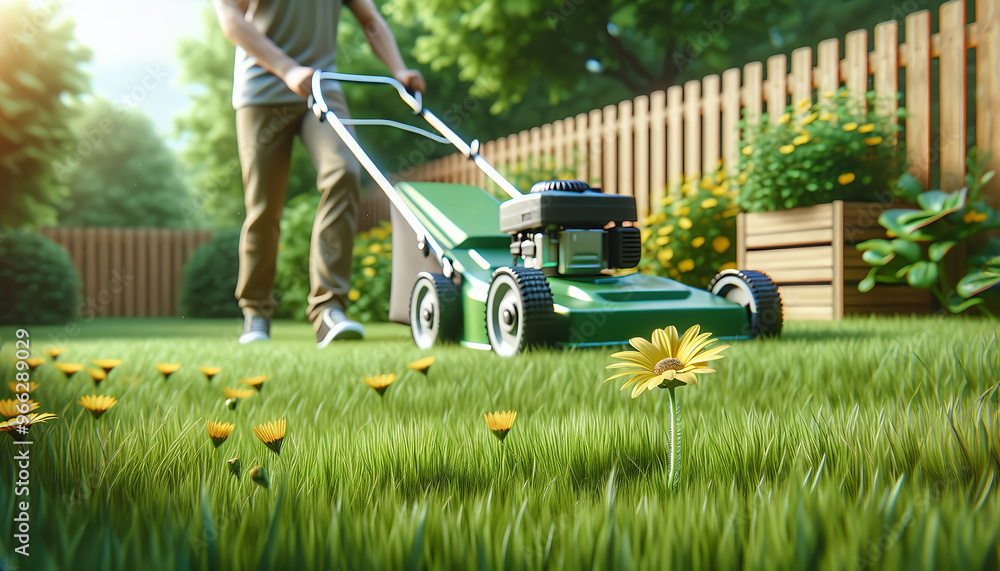 Fototapeta premium A lone daisy stands tall in a mowed lawn, symbolizing resilience.