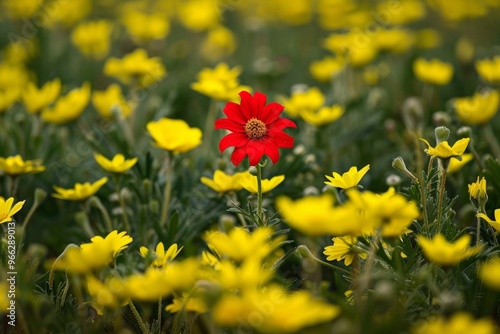 Bright red flower among yellow flowers in a field of wildflowers, concept of diversity and uniqueness