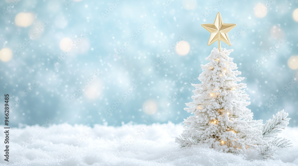 A small Christmas tree stands on a snow-covered surface against a soft, glowing bokeh snowy background. Generative AI. A small Christmas tree stands on a snow-covered surface against a soft, glowing bokeh snowy background. Generative AI.