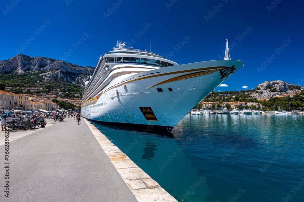 Naklejka premium A cruise ship pulling into Cassis harbor, with passengers excitedly looking forward to exploring the quaint streets and local markets