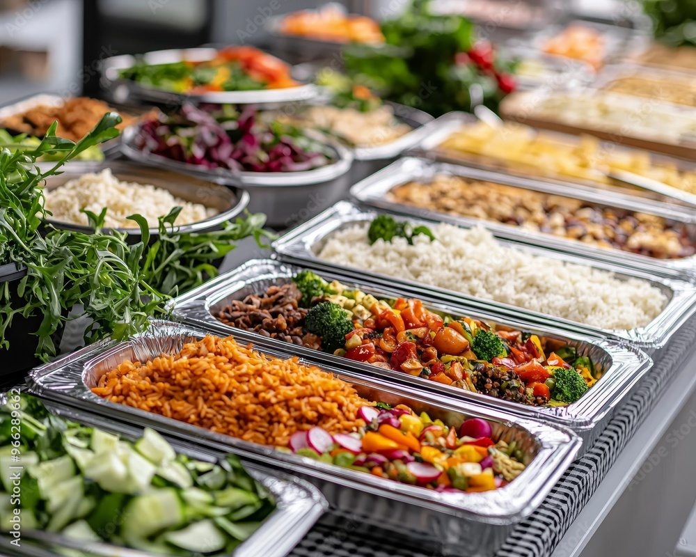 Fototapeta premium A Caterers Delight Closeup Perspective of Vibrant Salad Bar with Foil Trays Fresh Greens and Colorful Vegetables