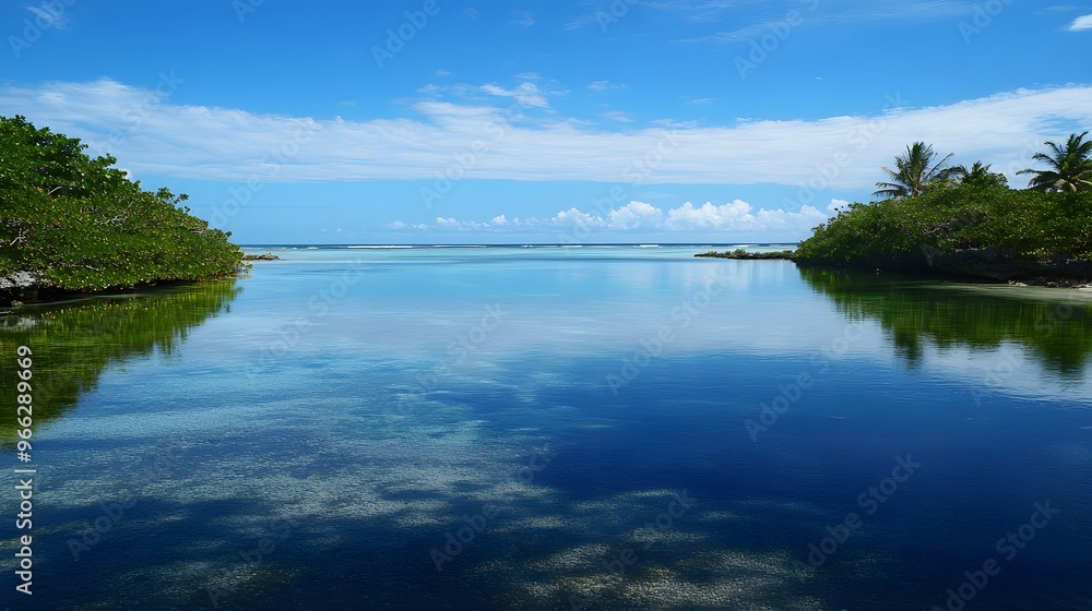 Obraz premium 19. A serene coastal lagoon with calm, clear water reflecting the sky and surrounded by tropical vegetation