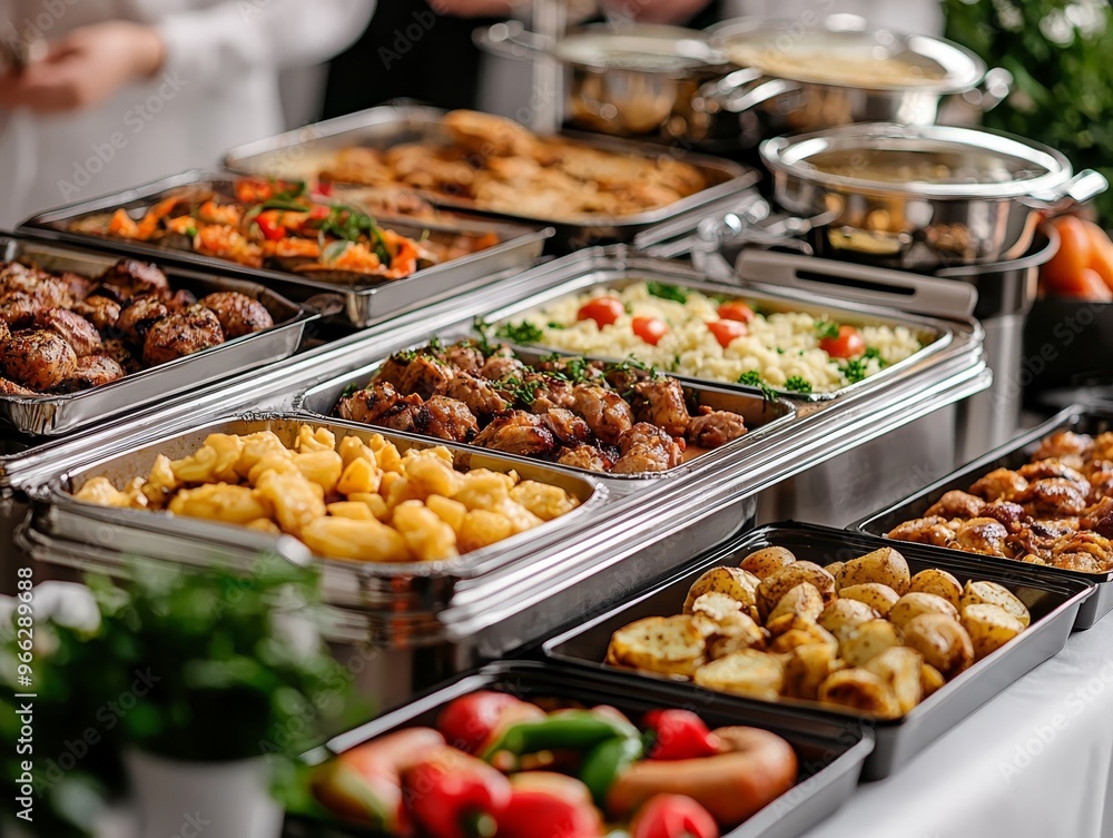 A closeup perspective of a buffet table showcasing various dishes including roasted potatoes grilled meat and a salad The composition highlights the delicious food in silver and A closeup perspective of a buffet table showcasing various dishes including roasted potatoes grilled meat and a salad The composition highlights the delicious food in silver and