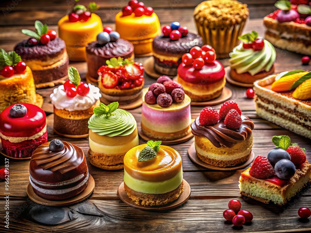 Vibrant assorted cakes in various shapes, sizes, and flavors on a wooden table, perfect for a sweet 8K Vibrant assorted cakes in various shapes, sizes, and flavors on a wooden table, perfect for a sweet 8K