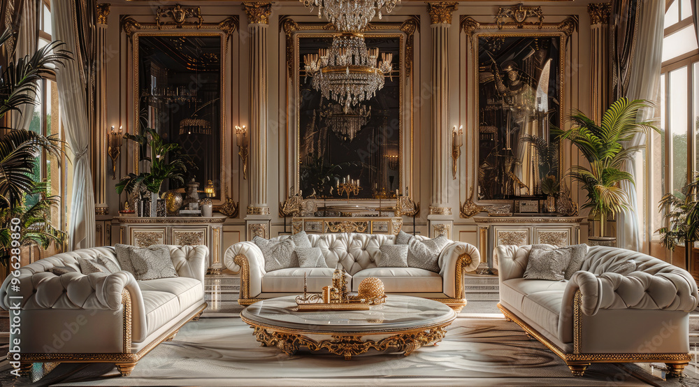 © visoot - A lavish living room with luxurious sofas, marble coffee tables adorned in gold and silver accents, elegant chandeliers, creating an atmosphere of opulence and grandeur. Generative AI. © visoot - A lavish living room with luxurious sofas, marble coffee tables adorned in gold and silver accents, elegant chandeliers, creating an atmosphere of opulence and grandeur. Generative AI.