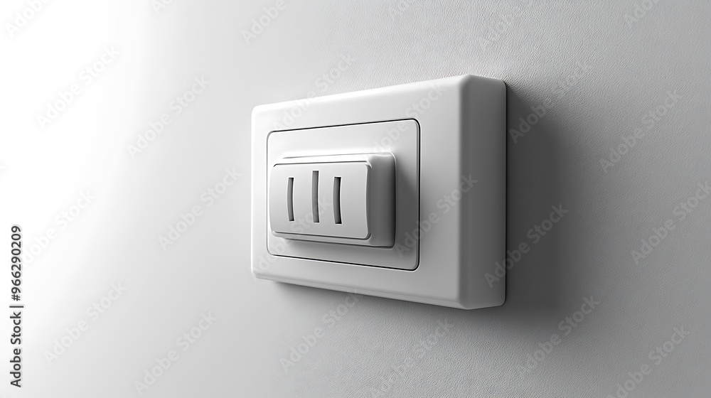 A white electrical outlet with three slots on a white wall. A white electrical outlet with three slots on a white wall.