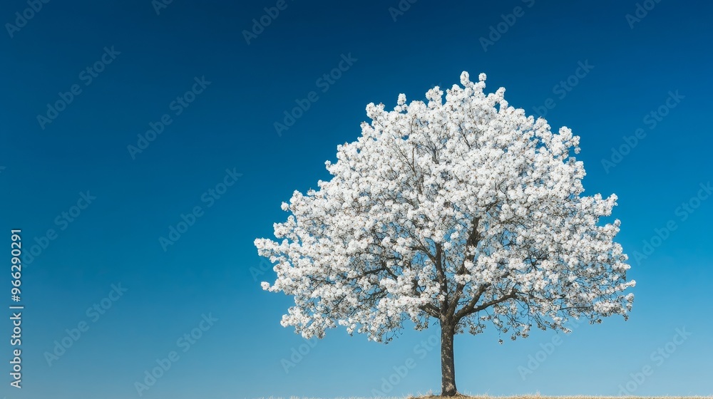 A solitary cherry tree stands tall against a clear blue sky, its branches adorned with delicate white blossoms. The vibrant blue sky symbolizes hope and new beginnings A solitary cherry tree stands tall against a clear blue sky, its branches adorned with delicate white blossoms. The vibrant blue sky symbolizes hope and new beginnings