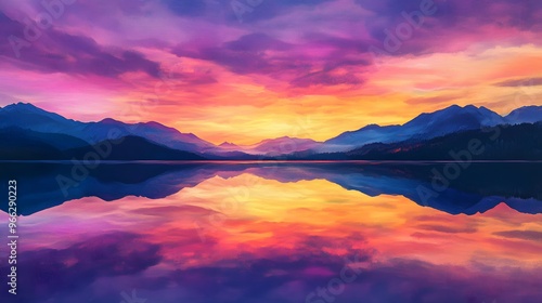 Wallpaper Mural 20. A vibrant sunset over a serene lake with the sky is colors mirrored on the water is glassy surface and distant silhouettes of mountains Torontodigital.ca