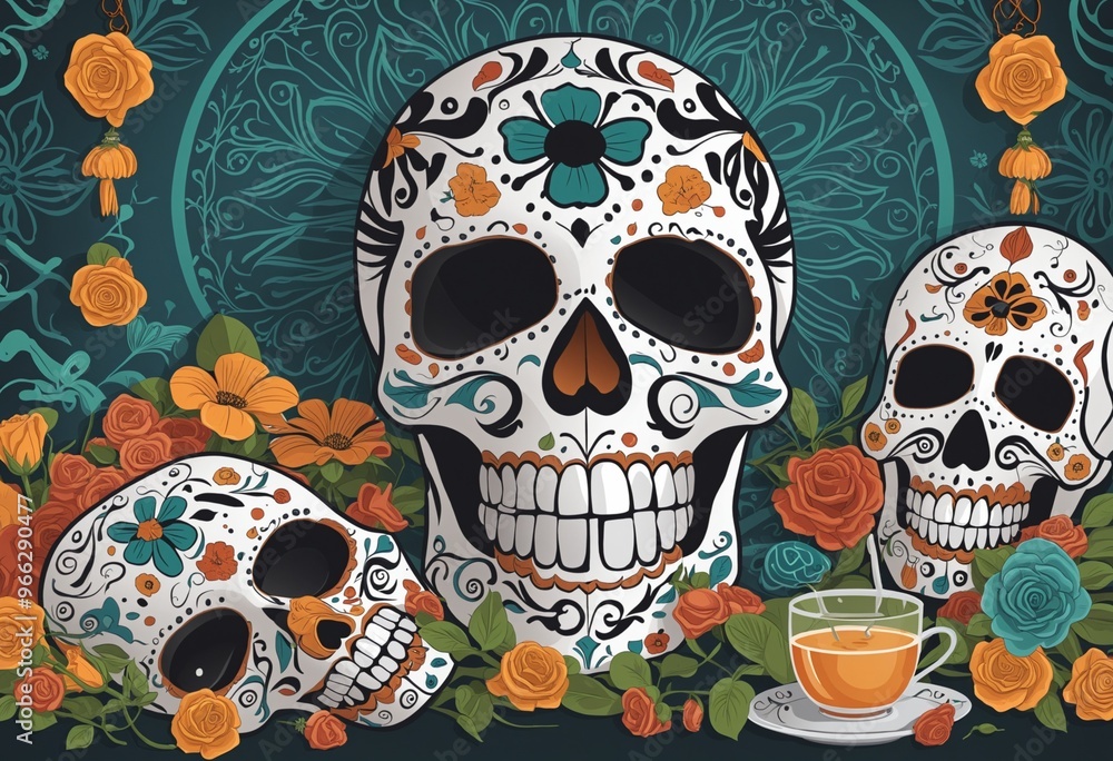Feast of Dia de los Muertos, attributes and traditions, illustration Feast of Dia de los Muertos, attributes and traditions, illustration