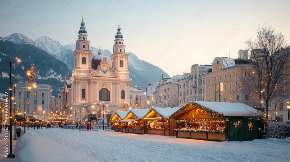 Obraz premium Festive stalls filled with decorations stand against a backdrop of a beautiful church and mountains