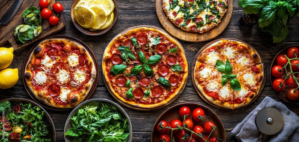 Overhead View of a Rustic Table Spread with Four Homemade Pizzas Fresh Salad and Cherry Tomatoes Overhead View of a Rustic Table Spread with Four Homemade Pizzas Fresh Salad and Cherry Tomatoes
