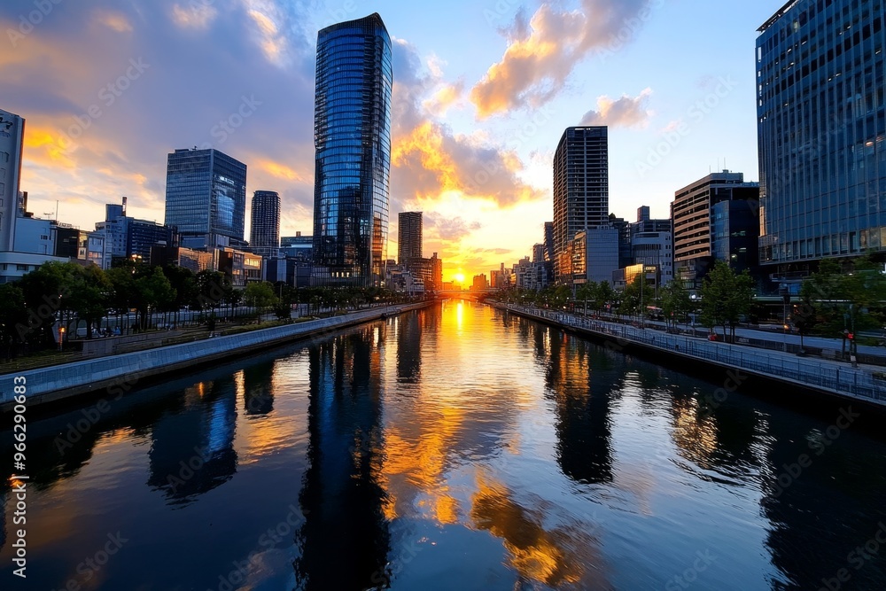 A futuristic view of Osaka’s Nakanoshima District, where modern glass buildings rise above the river, reflecting both light and city life A futuristic view of Osaka’s Nakanoshima District, where modern glass buildings rise above the river, reflecting both light and city life