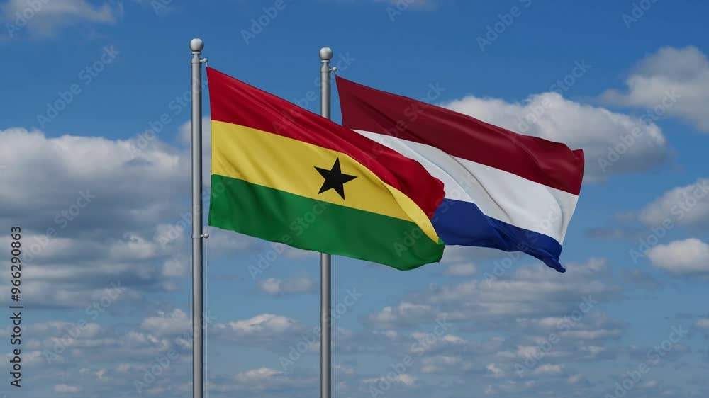 Netherlands and Ghana flags flying together, video concept of the relationship, two country relations concept Netherlands and Ghana flags flying together, video concept of the relationship, two country relations concept