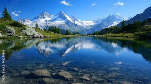 1. A serene mountain lake with crystal-clear water reflecting the surrounding snow-capped peaks