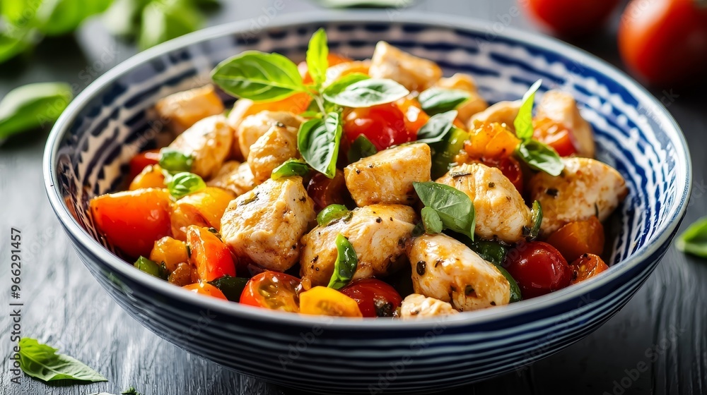 Closeup of a Vibrant Chicken and Tomato Salad with Basil in a Blue and White Striped Bowl on a Dark Wooden Table Closeup of a Vibrant Chicken and Tomato Salad with Basil in a Blue and White Striped Bowl on a Dark Wooden Table
