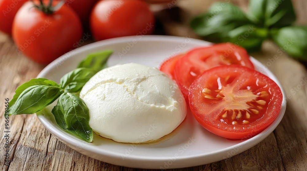 CloseUp of Creamy Burrata with Tomatoes and Basil on a White Plate on Rustic Wood CloseUp of Creamy Burrata with Tomatoes and Basil on a White Plate on Rustic Wood