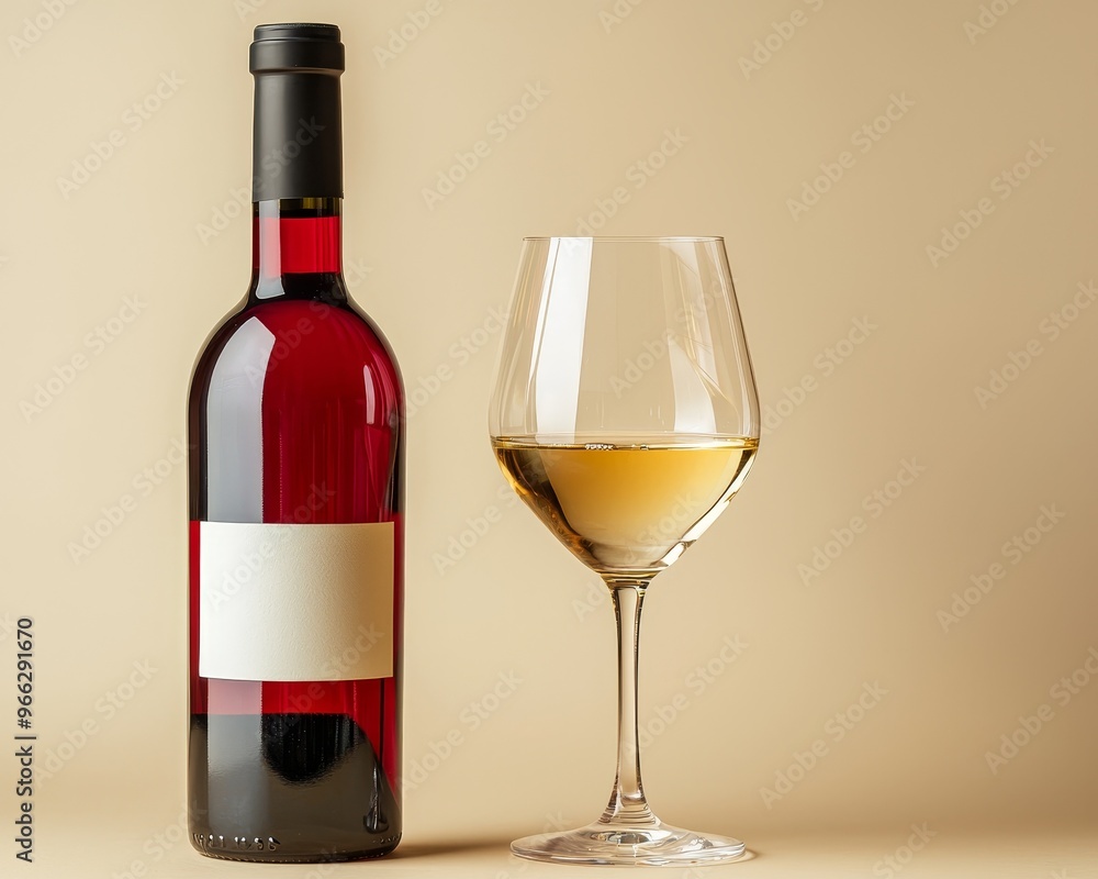 Red Wine Bottle Glass of White Wine on Beige Background Minimalist Composition Red Wine Bottle Glass of White Wine on Beige Background Minimalist Composition