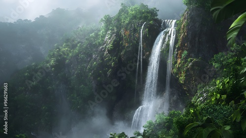 3. A dramatic waterfall cascading down a rugged cliff into a misty pool below, surrounded by lush greenery