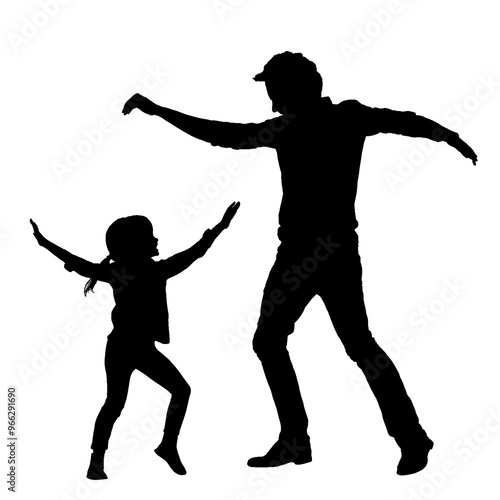 Father and young daughter dancing with arms outstretched, both moving joyfully, silhouette on white background, showing a happy and playful family moment

