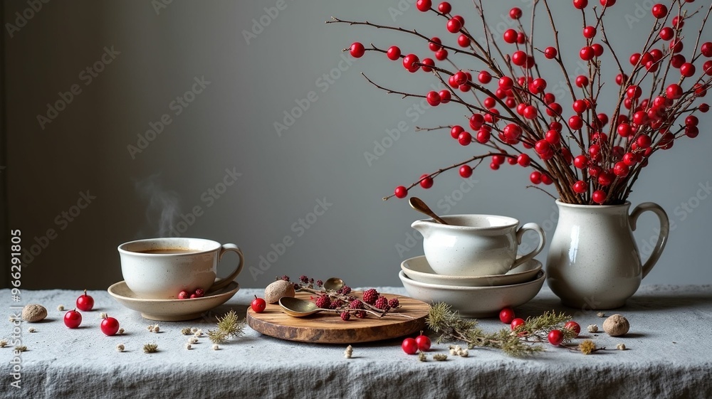 Obraz premium Still life, red viburnum, clay pottery on the table, against a white background.