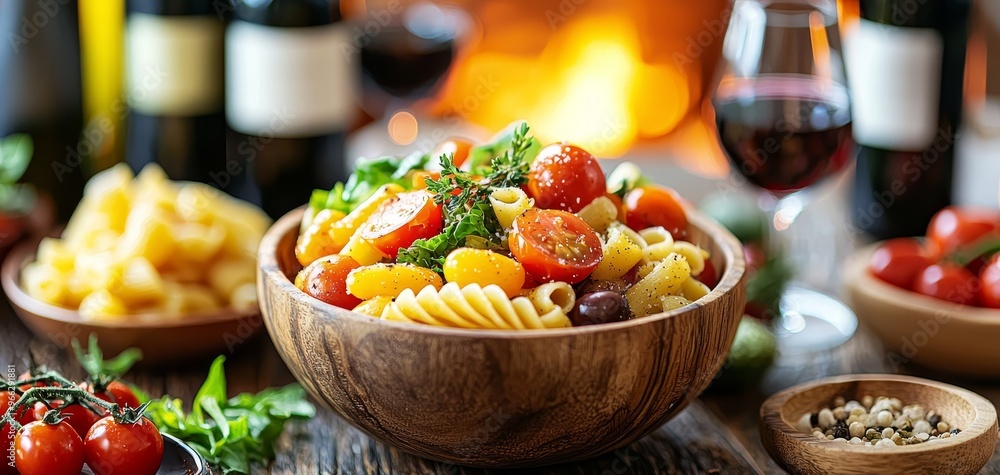 Rustic Italian Pasta Salad with Tomatoes and Wine Closeup Perspective Wooden Bowl Vibrant Colors Rustic Italian Pasta Salad with Tomatoes and Wine Closeup Perspective Wooden Bowl Vibrant Colors