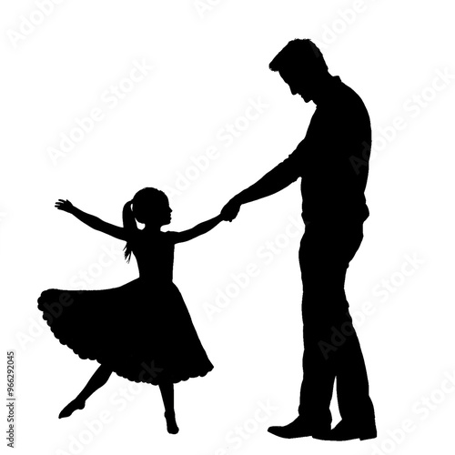 Father and daughter spinning while dancing, the girl twirling in a dress, silhouette on white background, depicting a joyful family moment filled with love and fun

