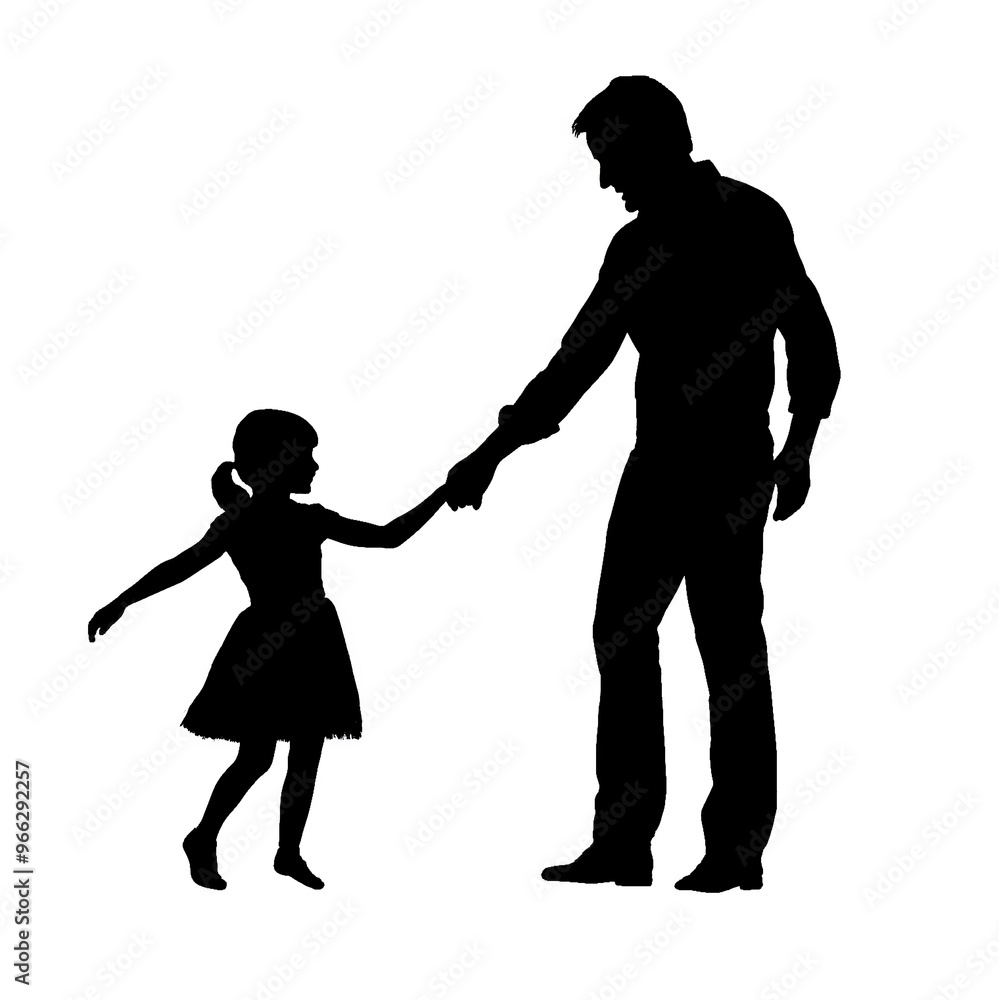 Father and daughter holding hands while dancing, captured in silhouette, isolated on white background, showcasing a joyful family interaction and bonding
Father and daughter holding hands while dancing, captured in silhouette, isolated on white background, showcasing a joyful family interaction and bonding