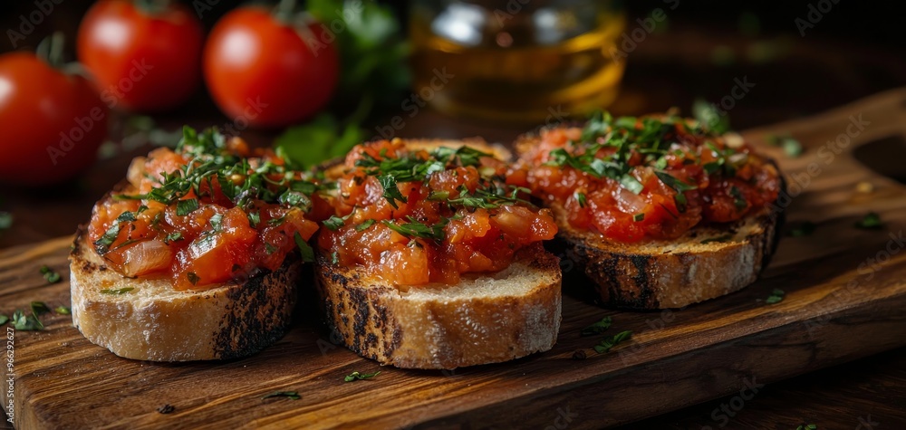 CloseUp of Toasted Bruschetta with Tomato Basil and Garlic on Rustic Wooden Board CloseUp of Toasted Bruschetta with Tomato Basil and Garlic on Rustic Wooden Board